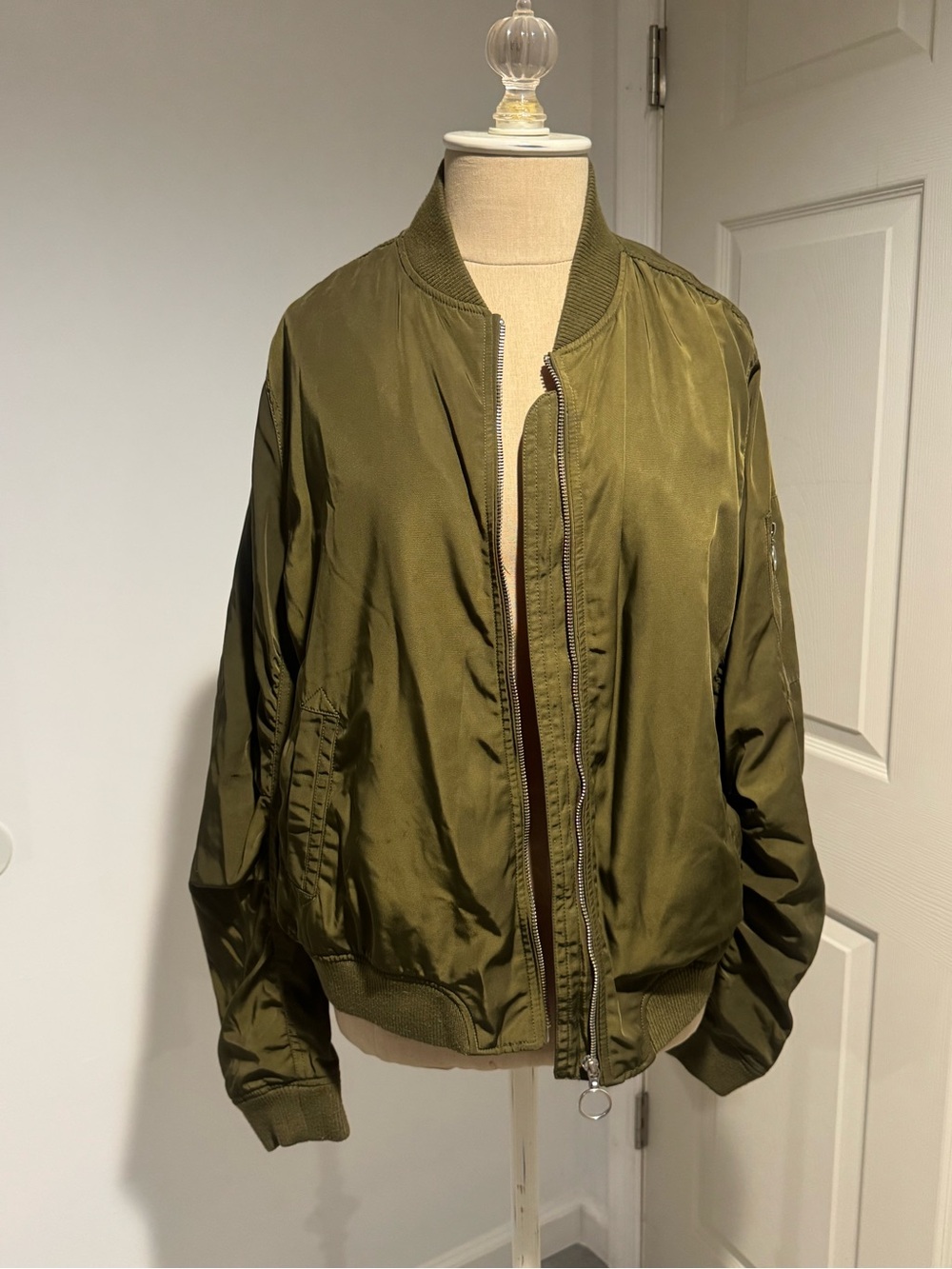 Women's Olive Green Satin Bomber Jacket